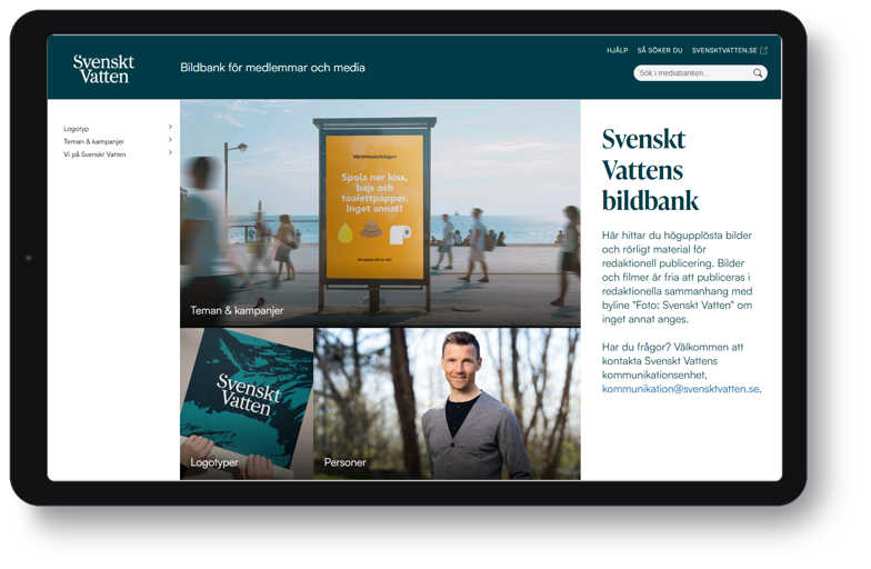 Skärmbild av Svenskt Vattens bildbank med kategorierna Logotyp, Teman & kampanjer och Vi på Svenskt Vatten